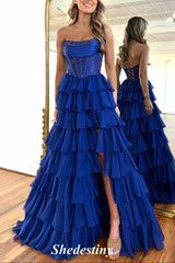 Royal Blue Strapless Rhinestone Ruffle Layered Prom Dress with Slit