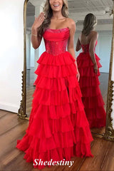 Royal Blue Strapless Rhinestone Ruffle Layered Prom Dress with Slit