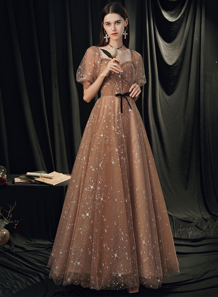 Champagne Tulle A-line Off Shoulder Party Dress, Simple Long Junior Prom Dress