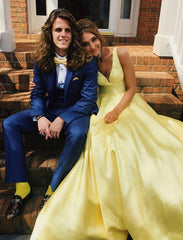 Custom Made A Line Yellow V Neck Prom Dresses, V Neck Formal Dresses, Yellow Graduation Dresses
