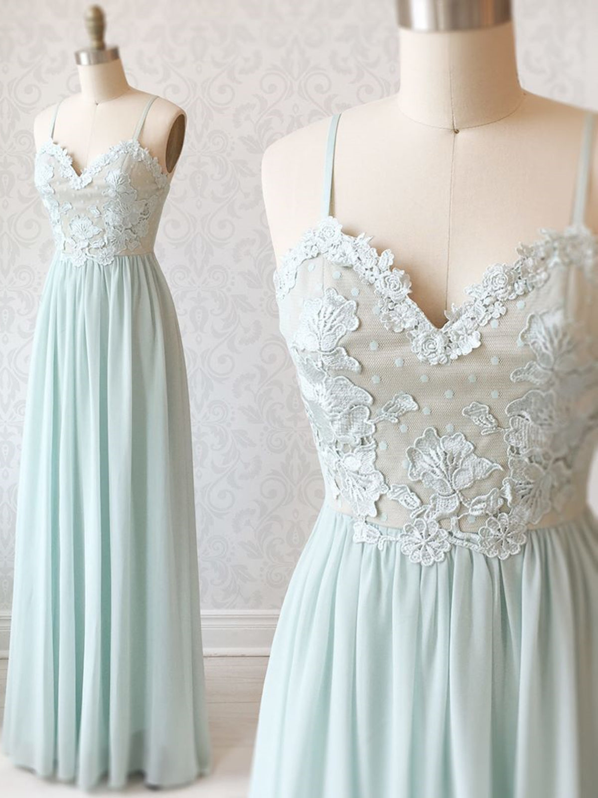 Sweetheart Neck Spaghetti Straps Mint Green Lace Prom Dresses, Mint Green Lace Formal Evening Bridesmaid Dresses