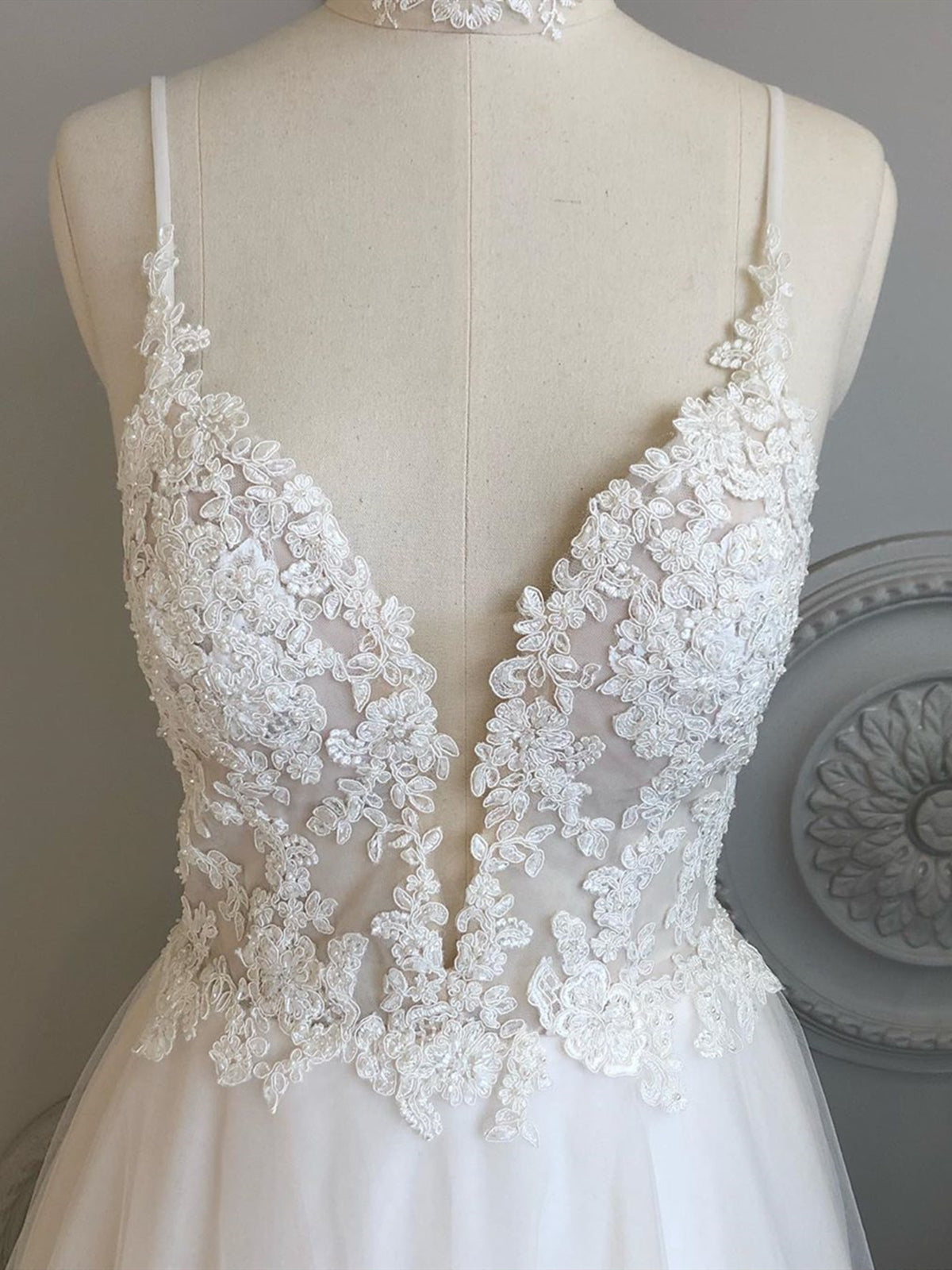 A Line V Neck Backless White Lace Prom Dresses, Backless White Lace Wedding Dress, Lace Bridesmaid Dresses