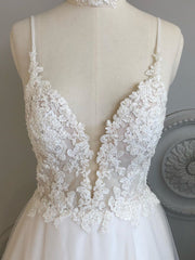 A Line V Neck Backless White Lace Prom Dresses, Backless White Lace Wedding Dress, Lace Bridesmaid Dresses