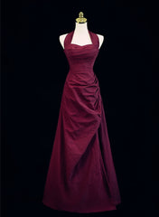 Burgundy A-line Halter Vintage Style Prom Dress, Burgundy Long Evening Dress