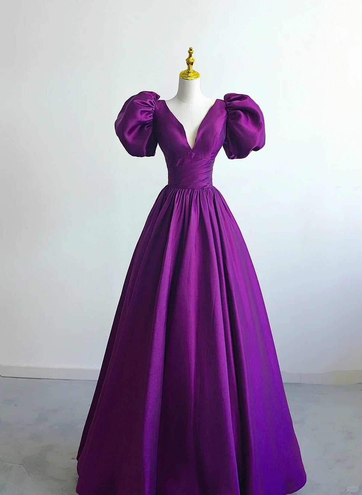 Purple Satin A-line Short Sleeves Long Formal Dress, Purple Evening Dress Prom Dress