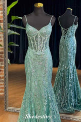 V-Neck Sage Green Mermaid Sequin Applique Prom Dress