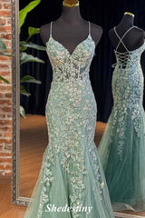 V-Neck Sage Green Mermaid Sequin Applique Prom Dress