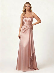 Strapless Sweetheart Neck Wrap Satin Gown Dusty Rose
