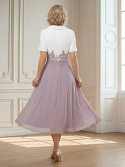 Short Sleeves V-neck Satin Chiffon A-Line Dress Dusk
