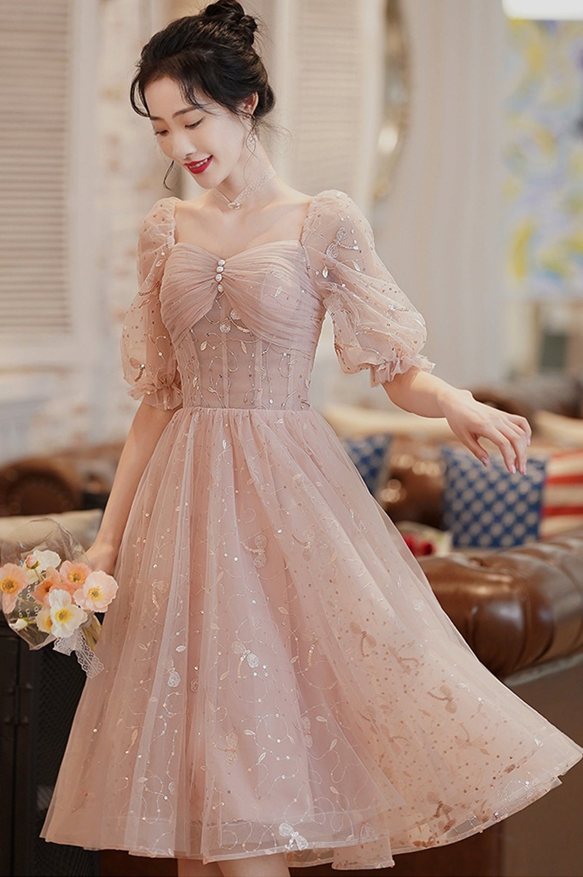 Cute Tulle A-Line Homecoming Dress, 1/2 Sleeves Short Prom Dress