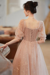 Pink Tulle Short Homecoming Dress, Cute Short Sleeve Party Dress