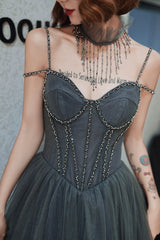 Gray Spaghetti Straps Tulle Long Prom Dress, A-Line Evening Party Dress
