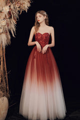 Burgundy Tulle Long Prom Dress with Sequins, Cute A-Line Party Dress