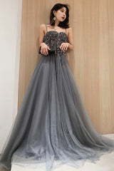 Gray Tulle Long Prom Dress with Sequins, Spaghetti Straps Evening Party Dress