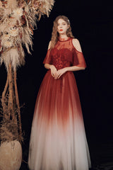 A-Line Ombre Tulle Long Party Dress, Lovely Lace-Up Evening Dress