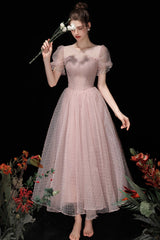 Pink Tulle Short A-Line Prom Dress, Cute Scoop Neckline Homecoming Party Dress