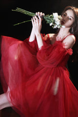 Red Tulle Short Prom Dress, A-Line Puff Sleeve Evening Party Dress