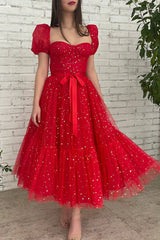 Red Tulle Short A-Line Prom Dresses, Cute Evening Party Dresses