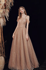 A-Line Tulle Pearl Long Prom Dress, One Shoulder Evening Graduation Dress
