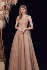 A-Line Tulle Pearl Long Prom Dress, One Shoulder Evening Graduation Dress