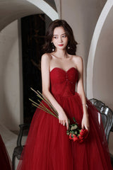 Red Tulle Long A-Line Prom Dress, Off the Shoulder Evening Graduation Dress