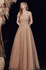 A-Line Tulle Pearl Long Prom Dress, One Shoulder Evening Graduation Dress