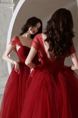 Red Tulle Long A-Line Prom Dress, Off the Shoulder Evening Graduation Dress
