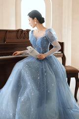 Blue Tulle Beading Long Prom Dress, A-Line Blue Formal Dress