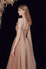 A-Line Tulle Pearl Long Prom Dress, One Shoulder Evening Graduation Dress