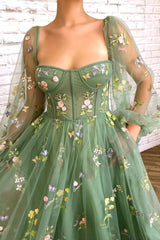 Green Tulle Lace Short Prom Dress, Cute Long Sleeve Homecoming Party Dress