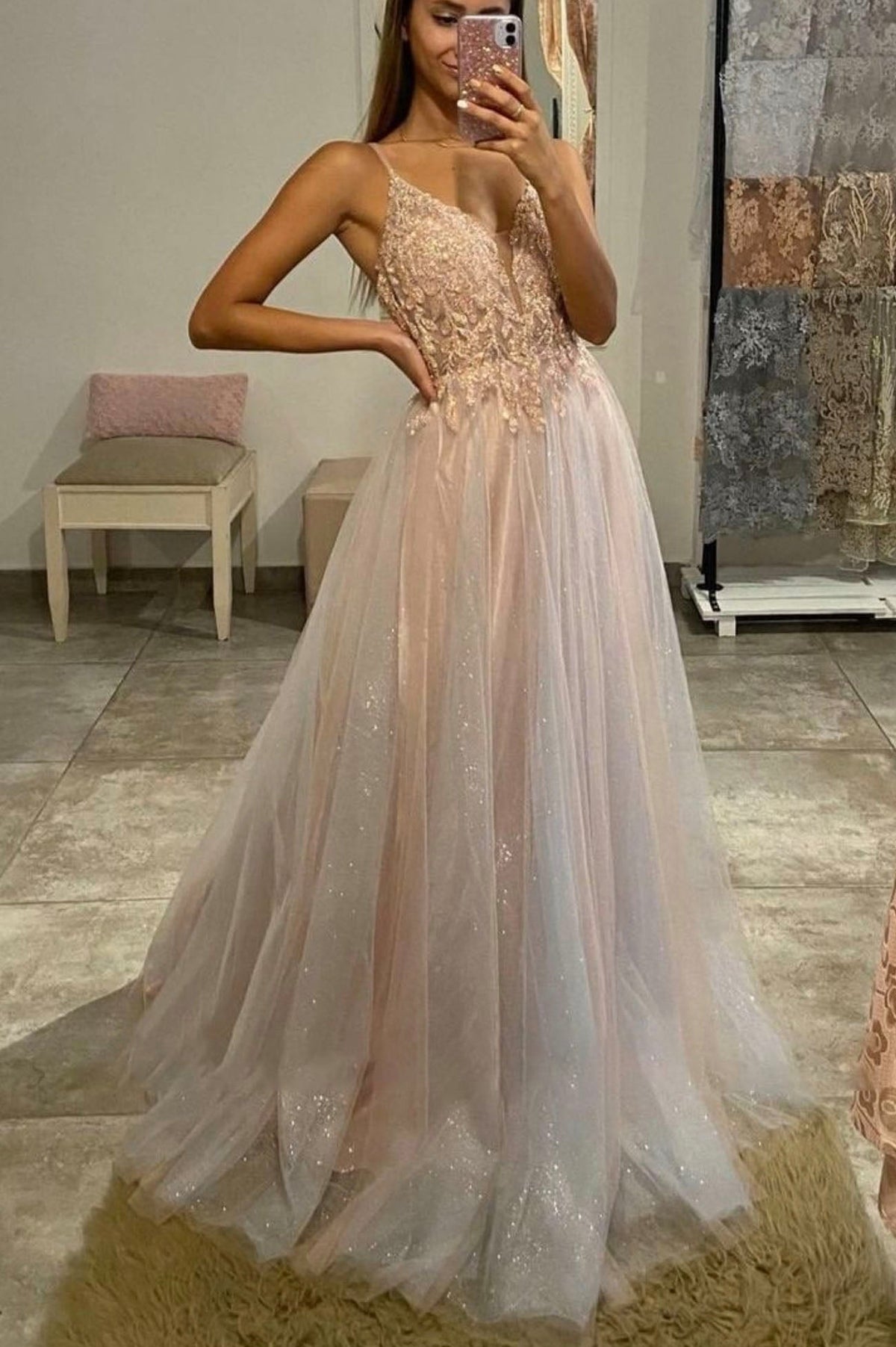 A-Line Tulle Beaded Long Prom Dress, V-Neck Evening Dress