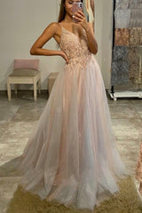 A-Line Tulle Beaded Long Prom Dress, V-Neck Evening Dress