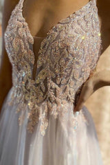 A-Line Tulle Beaded Long Prom Dress, V-Neck Evening Dress