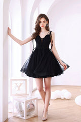Black Tulle Short A-Line Prom Dress, Black Evening Party Dress
