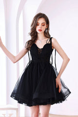Black Tulle Short A-Line Prom Dress, Black Evening Party Dress