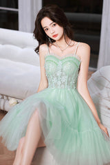 Mint Green Sweetheart Tulle Lace Straps Homecoming Dress, Green Prom Dress