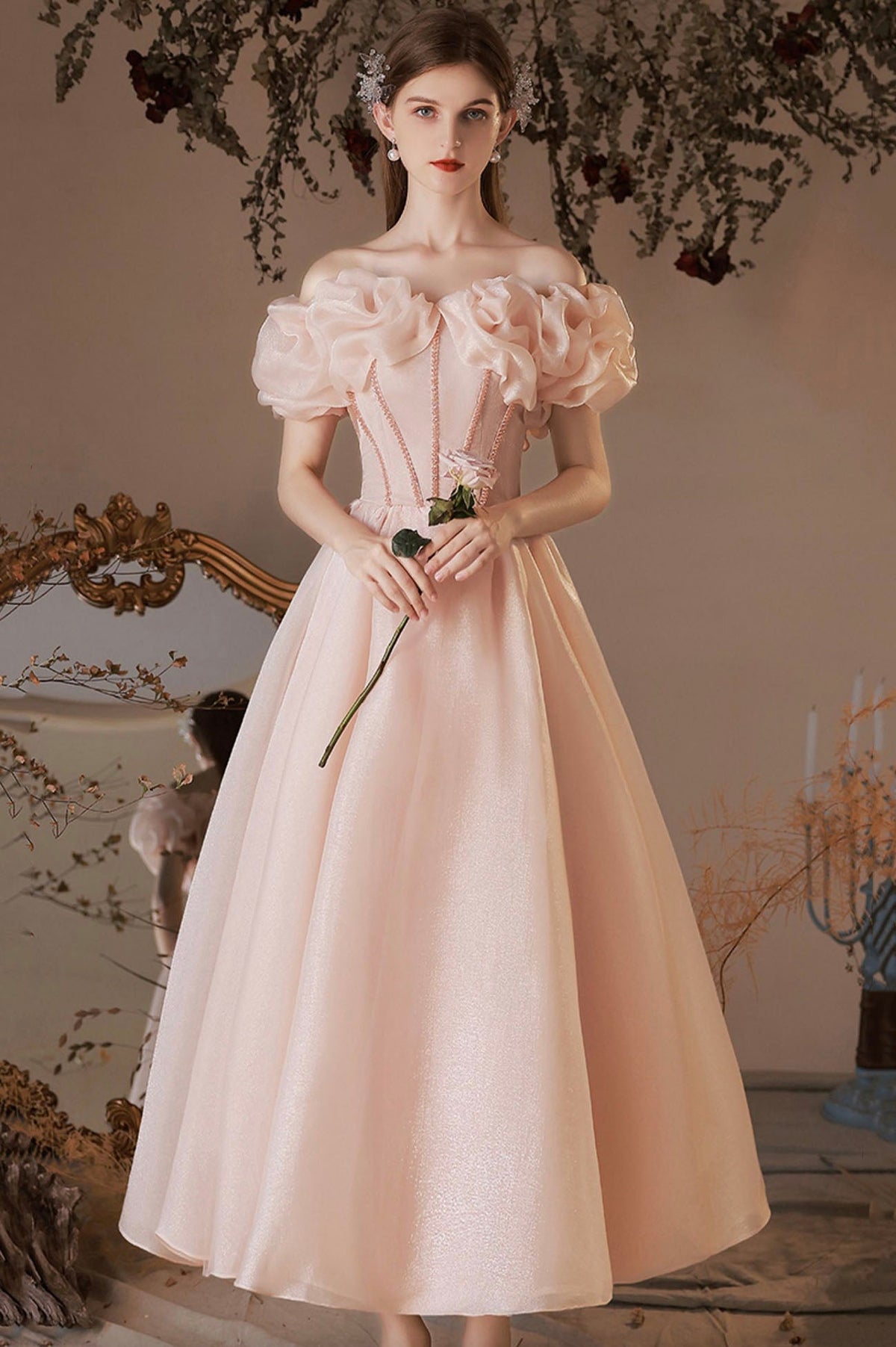 Pink Tulle Beaded Short A-Line Prom Dress, Off the Shoulder Homecoming Dress
