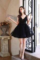 Black Tulle Short A-Line Prom Dress, Black Evening Party Dress