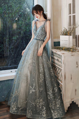 Gray V-Neck Tulle Long Prom Dress with Sequins, A-Line Graduation Dress