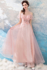 Pink Lace Long A-Line Prom Dresses, Lovely Pink Evening Dresses