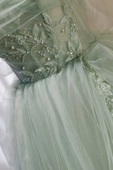Green Tulle Beaded Ball Gown Off Shoulder Party Dress, Green Sweet 16 Dress