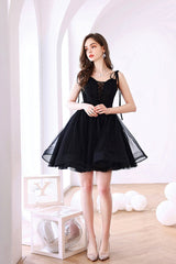 Black Tulle Short A-Line Prom Dress, Black Evening Party Dress