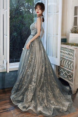 Gray V-Neck Tulle Long Prom Dress with Sequins, A-Line Graduation Dress