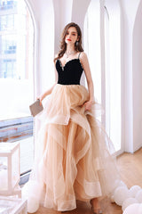 Stylish V-Neck Tulle Layers Long Formal Dress, Cute A-Line Prom Dress