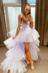 Purple Tulle High Low Prom Dress, A-Line V-Neck Evening Party Dress