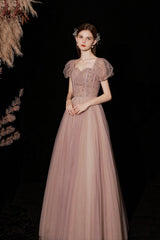 Pink Tulle Long A-Line Prom Dress with Beaded, Cute Short Sleeve Evening Dress