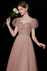 A-Line Tulle Beaded Long Prom Dress, Short Sleeve Evening Dress