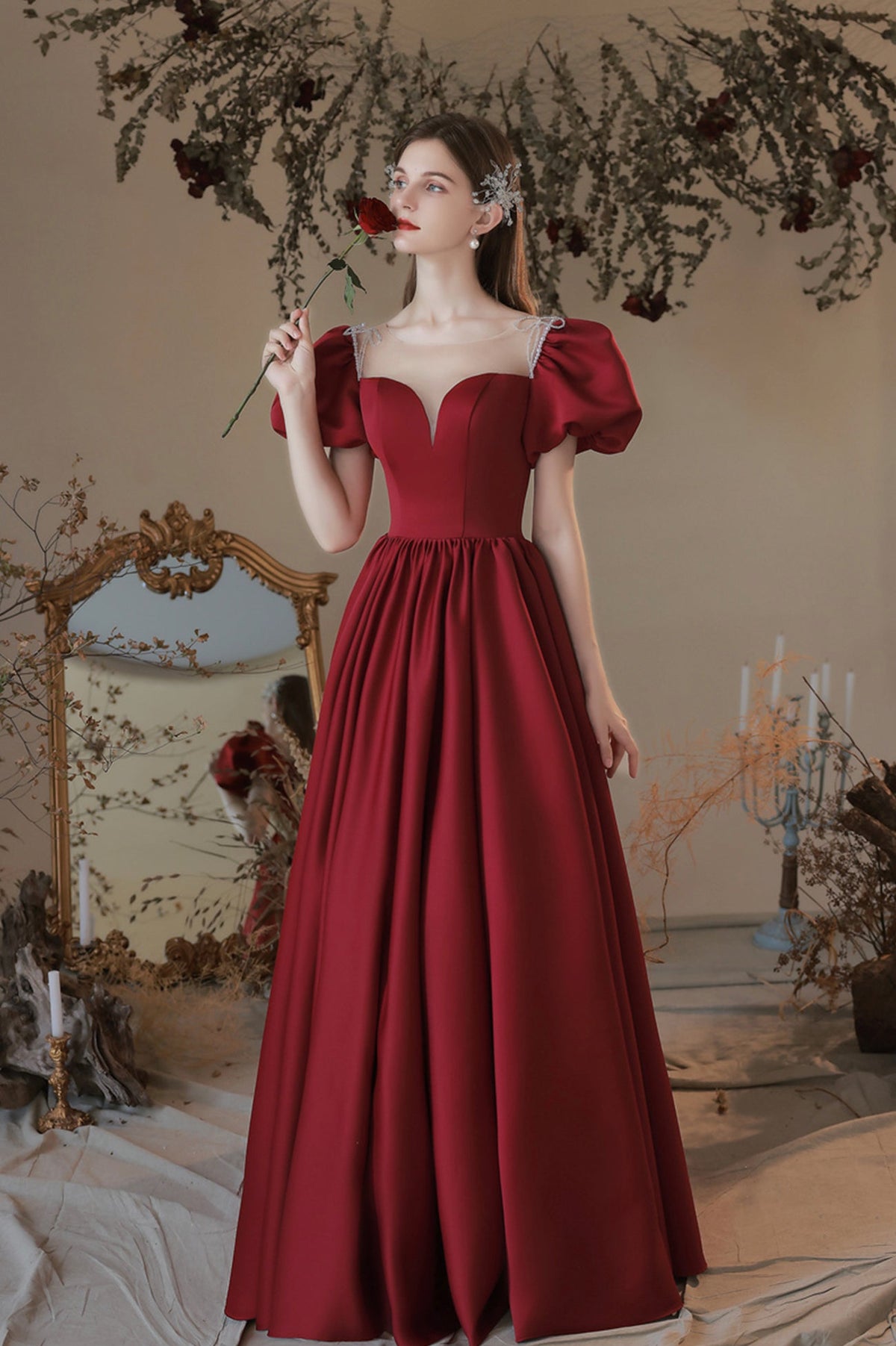 Burgundy Satin Long Prom Dress, Lovely A-Line Short Sleeve Graduation Dress