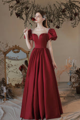 Burgundy Satin Long Prom Dress, Lovely A-Line Short Sleeve Graduation Dress