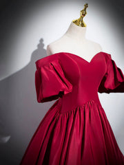 Burgundy Satin Long Prom Dress, Off the Shoulder A-Line Formal Evening Dress